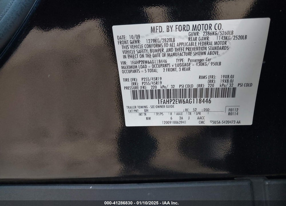 2010 FORD TAURUS SEL VIN: 1FAHP2EW6AG118446