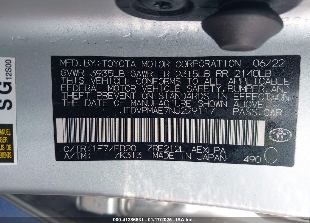 2022 TOYOTA COROLLA VIN: JTDVPMAE7NJ229117
