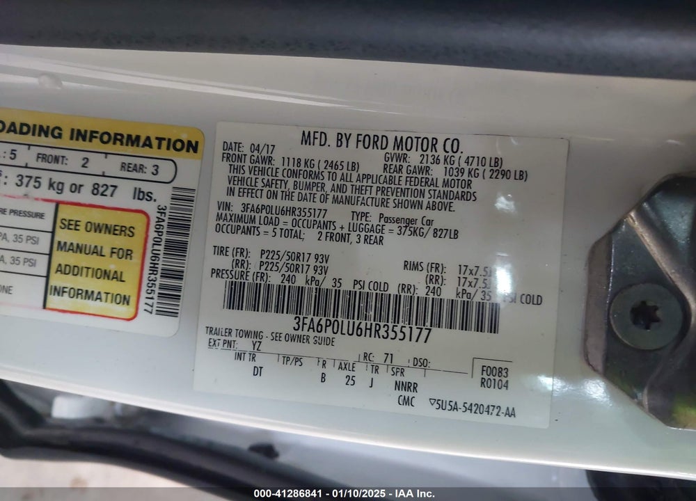 2017 FORD FUSION HYBRID SE VIN: 3FA6P0LU6HR355177