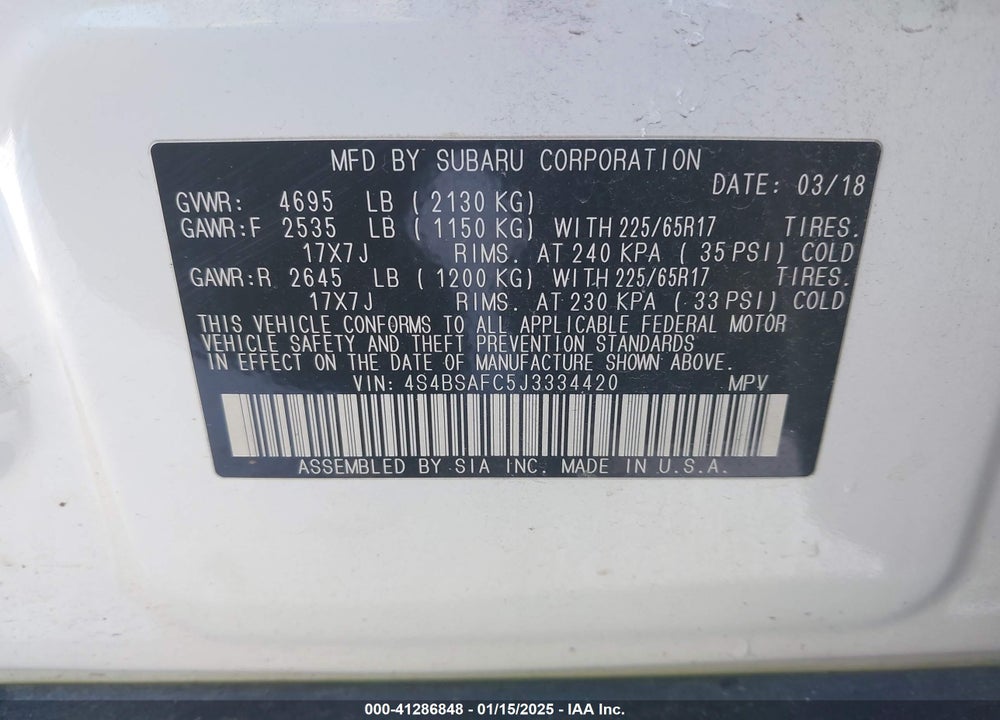2018 SUBARU OUTBACK 2.5I PREMIUM VIN: 4S4BSAFC5J3334420
