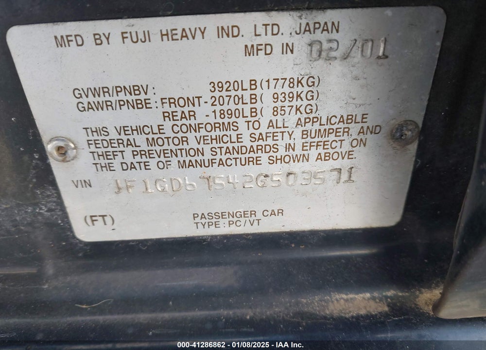 2002 SUBARU IMPREZA 2.5RS VIN: JF1GD67542G503571