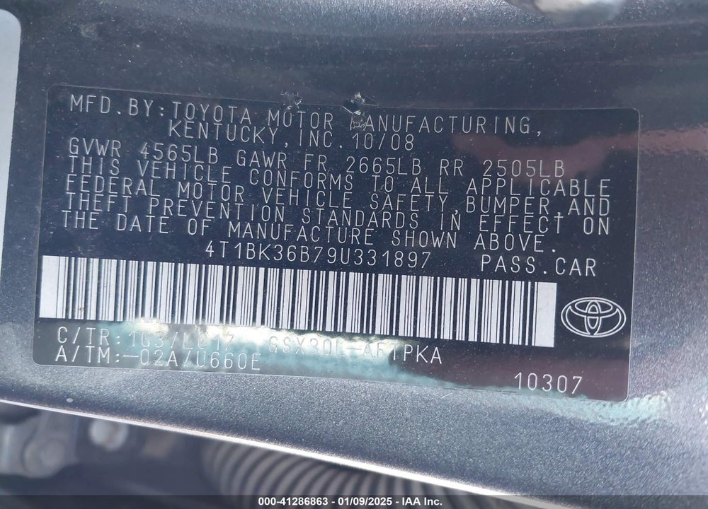 2009 TOYOTA AVALON VIN: 4T1BK36B79U331897