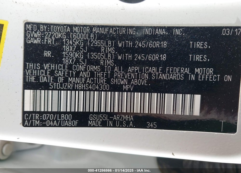 2017 TOYOTA HIGHLANDER XLE VIN: 5TDJZRFH8HS404300
