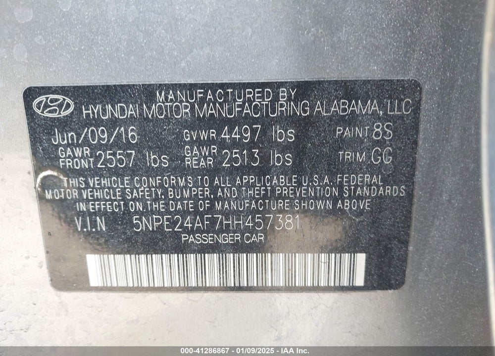 2017 HYUNDAI SONATA VIN: 5NPE24AF7HH457381