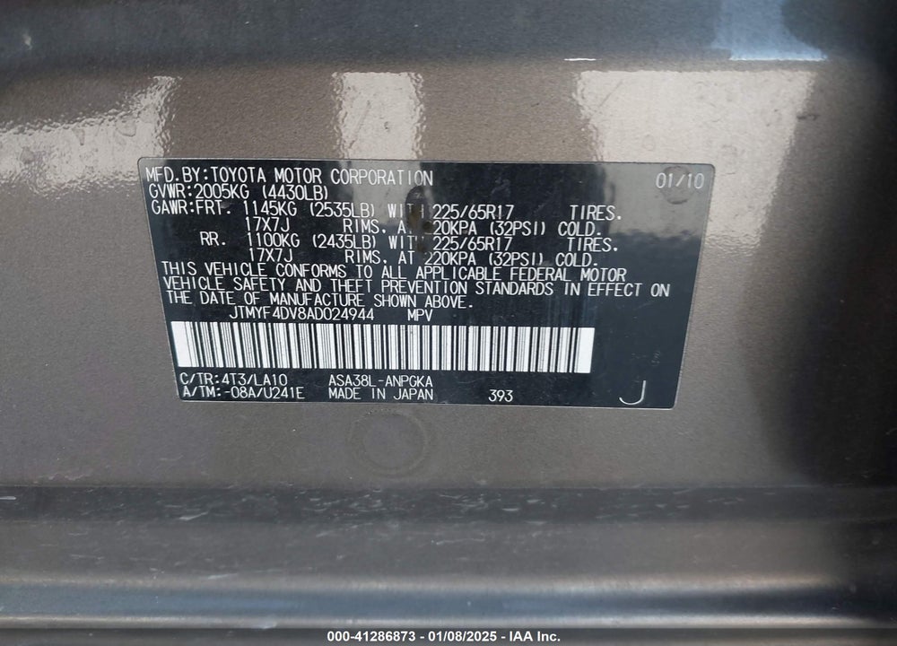 2010 TOYOTA RAV4 VIN: JTMYF4DV8AD024944