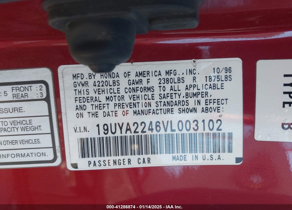 1997 ACURA CL 3.0 VIN: 19UYA2246VL003102