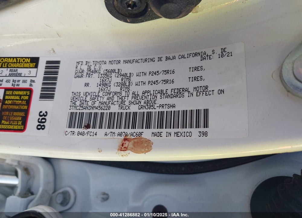2022 TOYOTA TACOMA VIN: 3TMCZ5AN3NM456220
