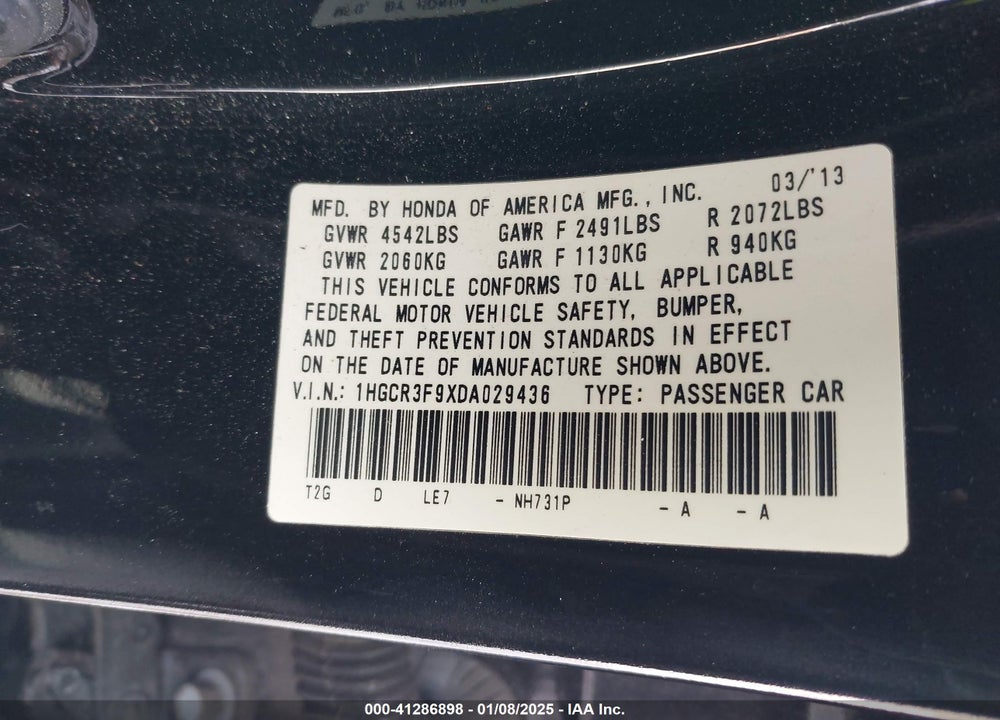 2013 HONDA ACCORD TOURING VIN: 1HGCR3F9XDA029436
