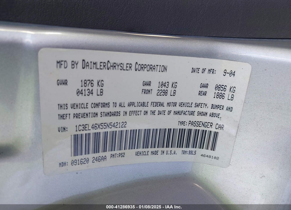 2005 CHRYSLER SEBRING VIN: 1C3EL46X55N542122