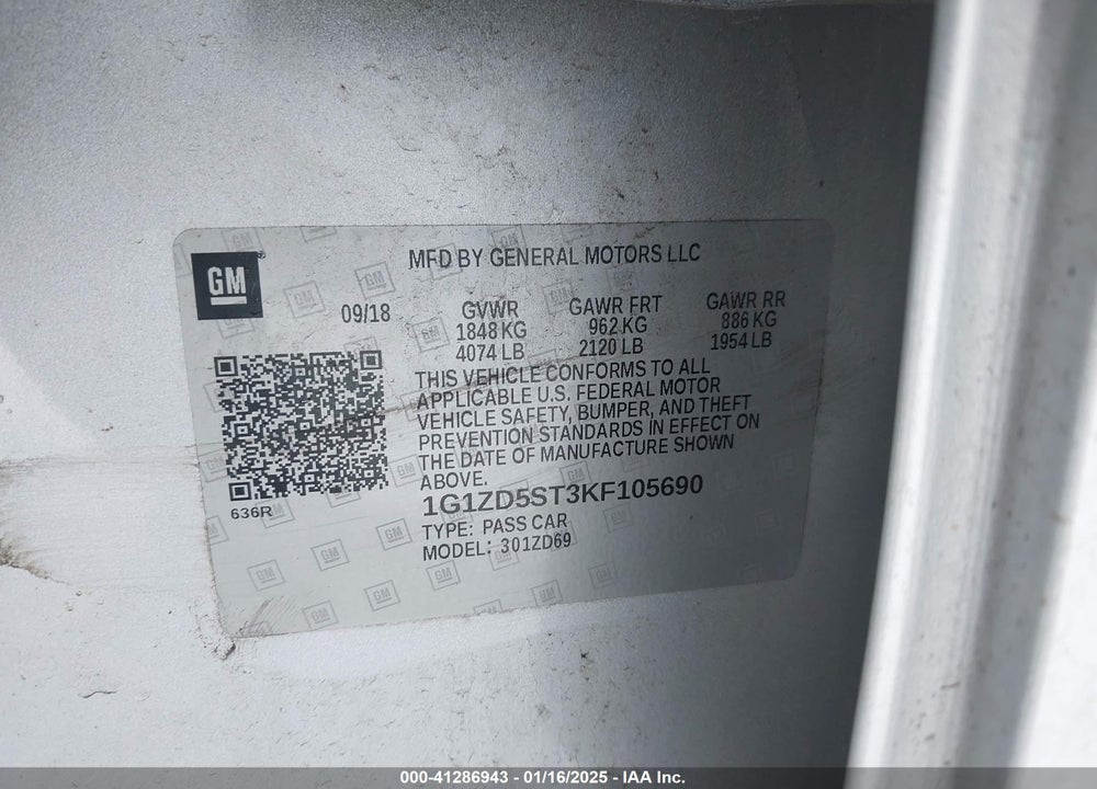 2019 CHEVROLET MALIBU VIN: 1G1ZD5ST3KF105690