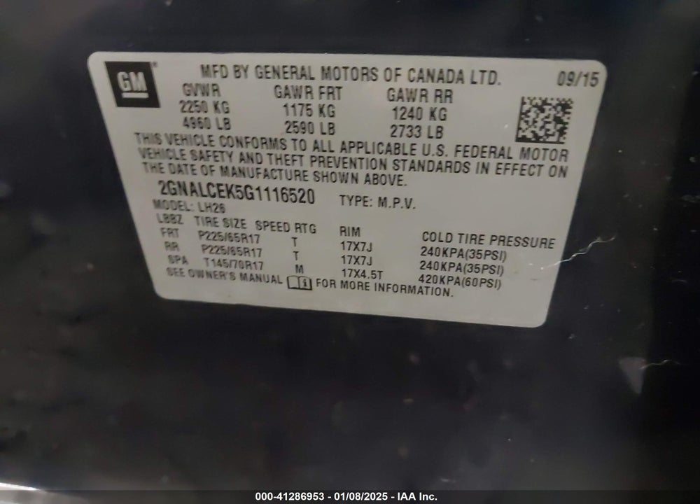 2016 CHEVROLET EQUINOX LT VIN: 2GNALCEK5G1116520