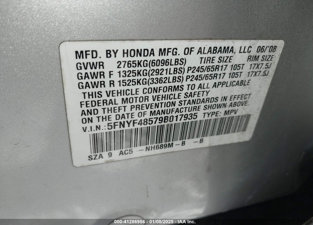 2009 HONDA PILOT EX-L VIN: 5FNYF48579B017935