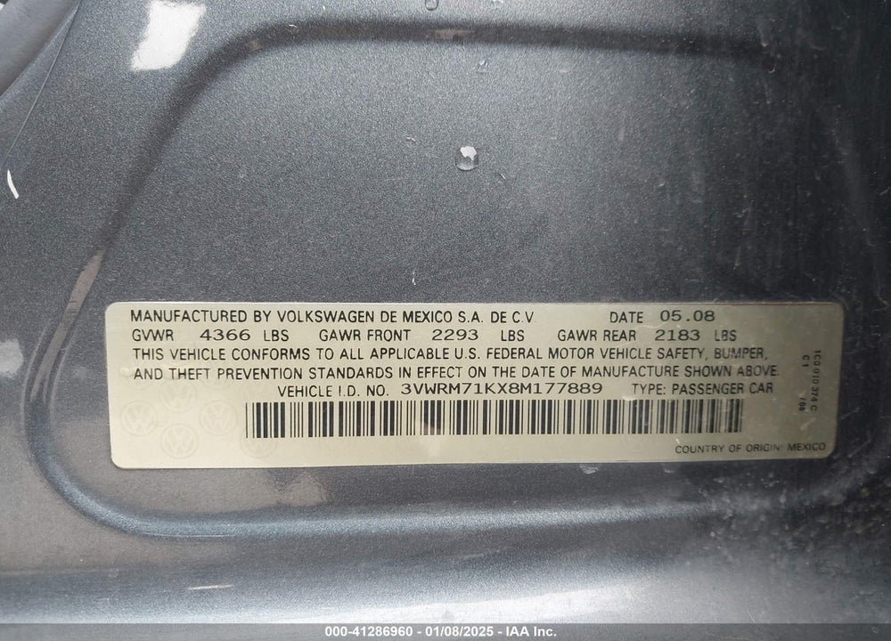 2008 VOLKSWAGEN JETTA SE VIN: 3VWRM71KX8M177889