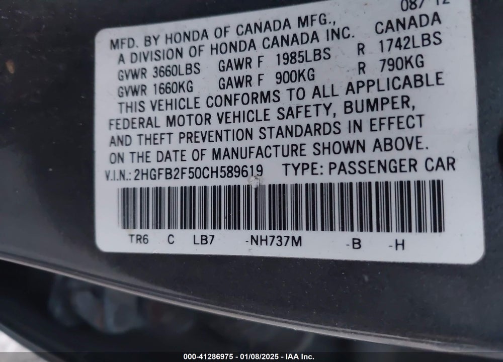 2012 HONDA CIVIC SDN VIN: 2HGFB2F50CH589619