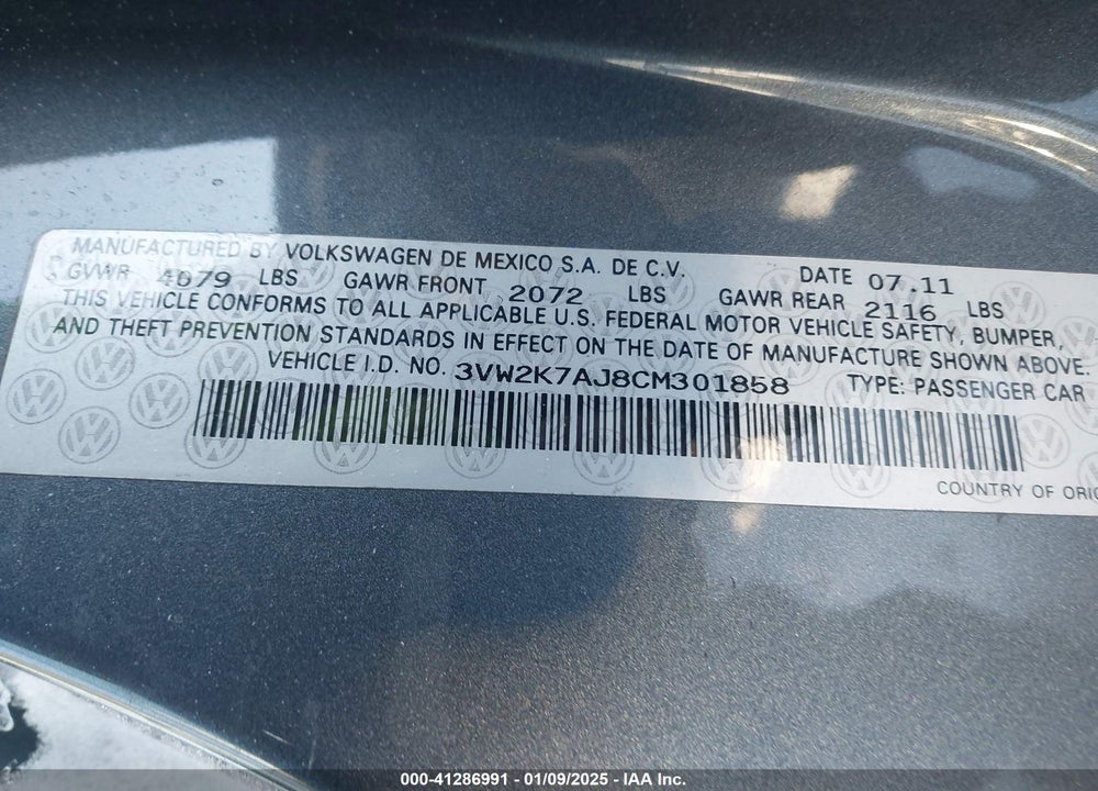 2012 VOLKSWAGEN JETTA VIN: 3VW2K7AJ8CM301858