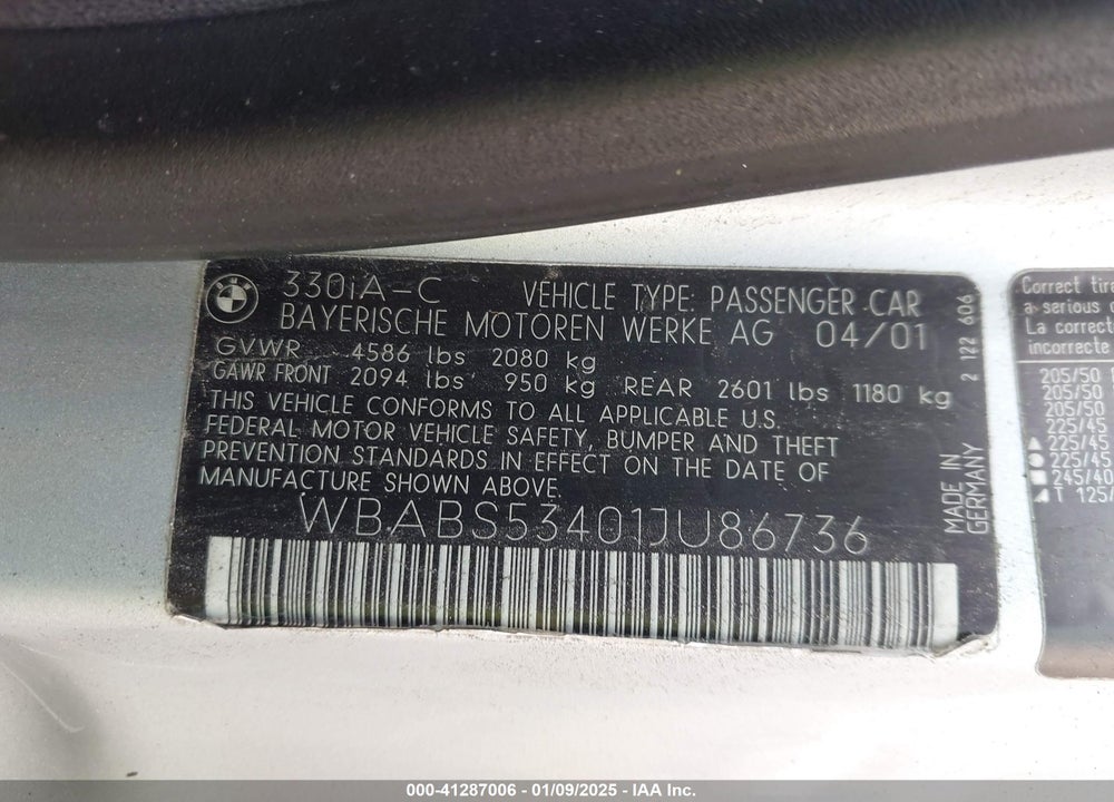 2001 BMW 330CI VIN: WBABS53401JU86736