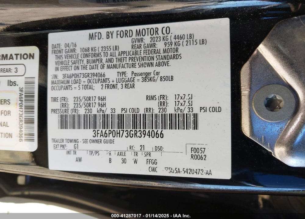2016 FORD FUSION VIN: 3FA6P0H73GR394066