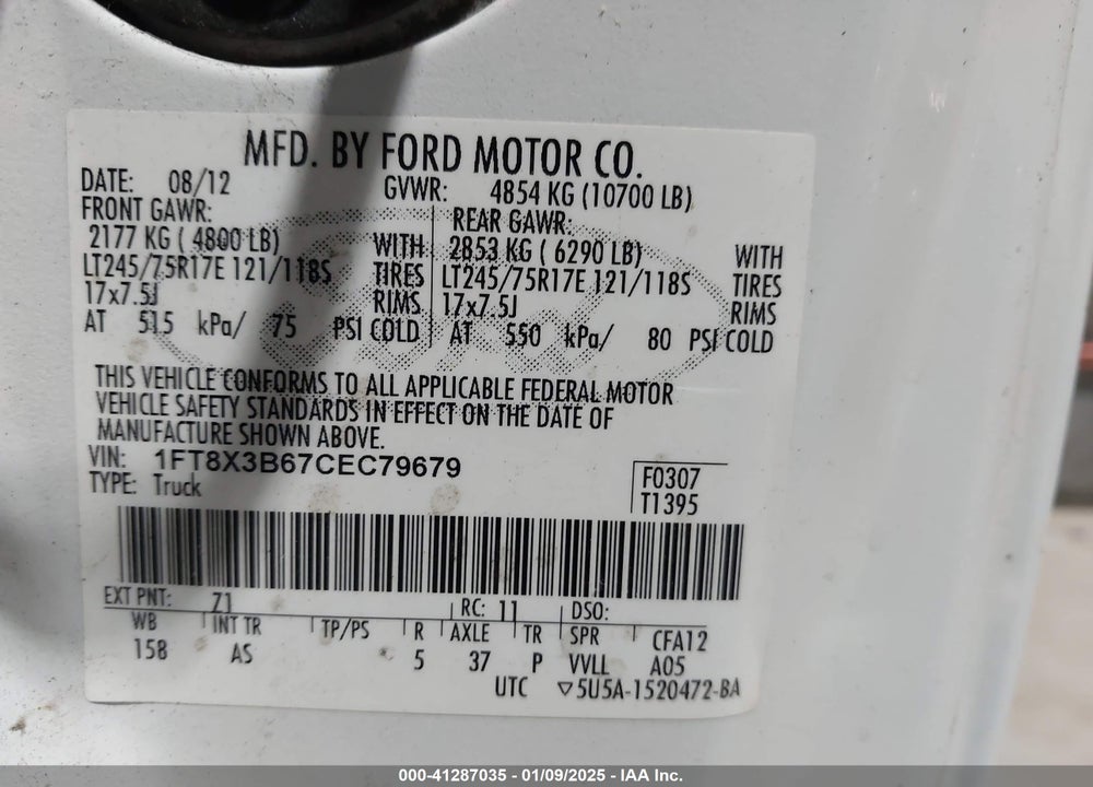 2012 FORD F-350 XL VIN: 1FT8X3B67CEC79679