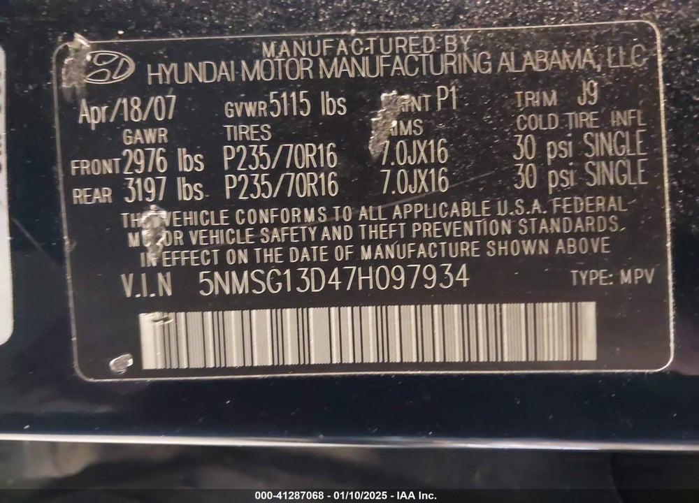 2007 HYUNDAI SANTA FE VIN: 5NMSG13D47H097934