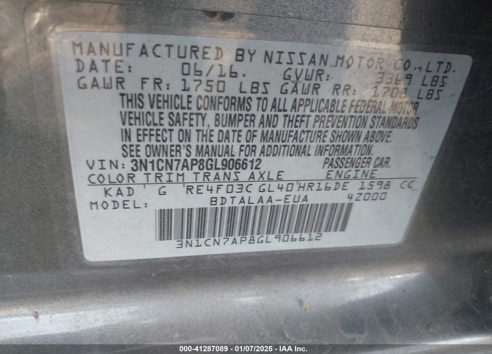 2016 NISSAN VERSA 1.6 S+ VIN: 3N1CN7AP8GL906612