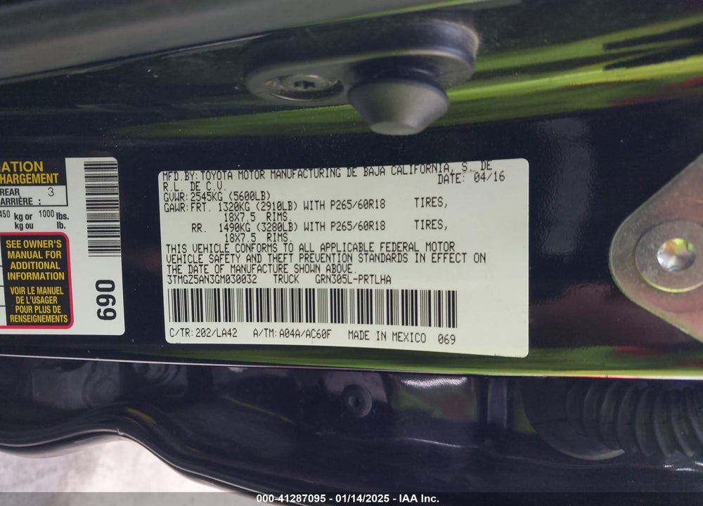 2016 TOYOTA TACOMA LIMITED VIN: 3TMGZ5AN3GM030032
