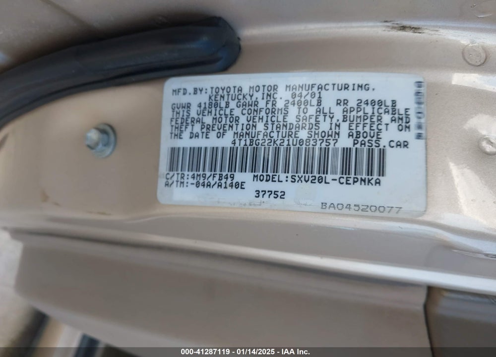 2001 TOYOTA CAMRY CE/LE/XLE VIN: 4T1BG22K21U083757