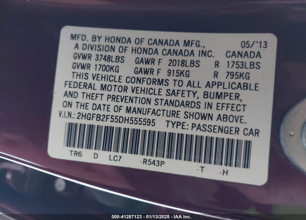 2013 HONDA CIVIC VIN: 2HGFB2F55DH555595