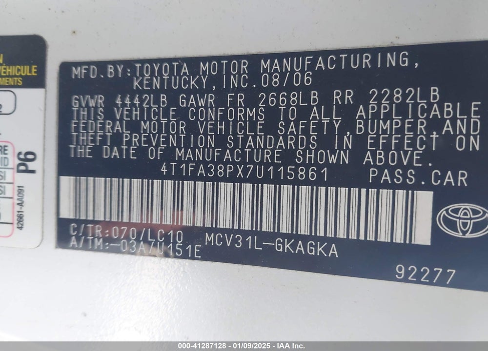 2007 TOYOTA CAMRY SOLARA SLE VIN: 4T1FA38PX7U115861