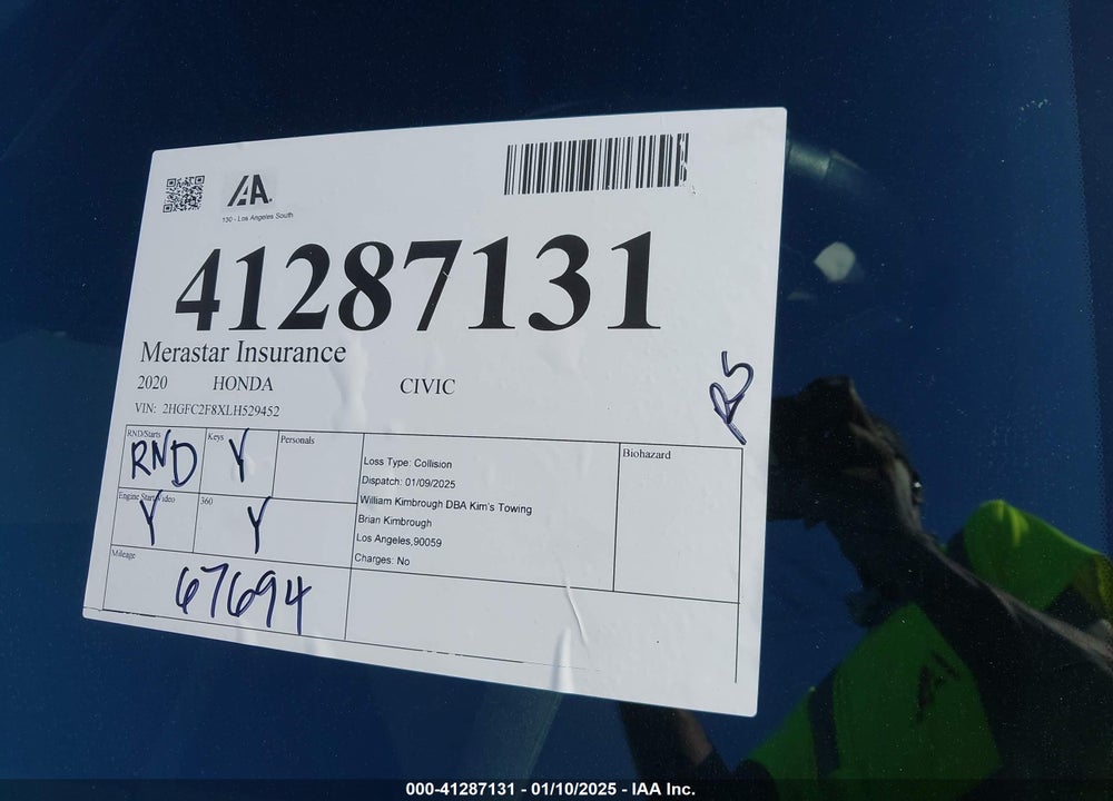 2020 HONDA CIVIC VIN: 2HGFC2F8XLH529452