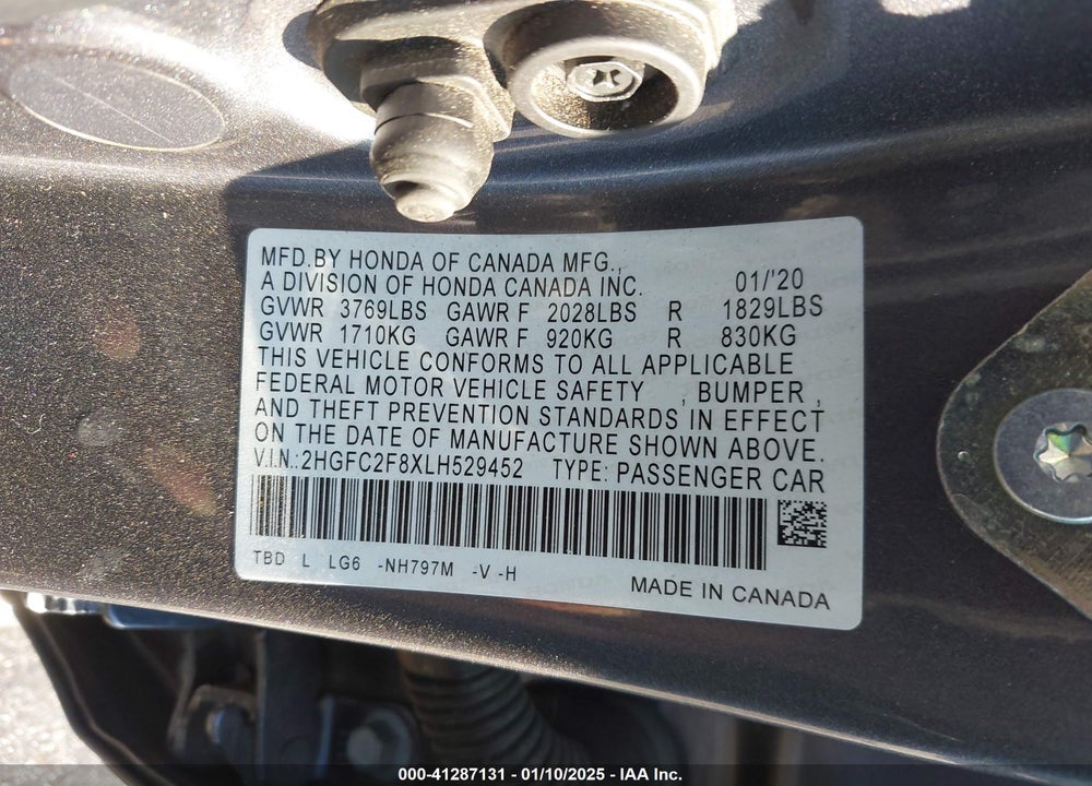 2020 HONDA CIVIC VIN: 2HGFC2F8XLH529452