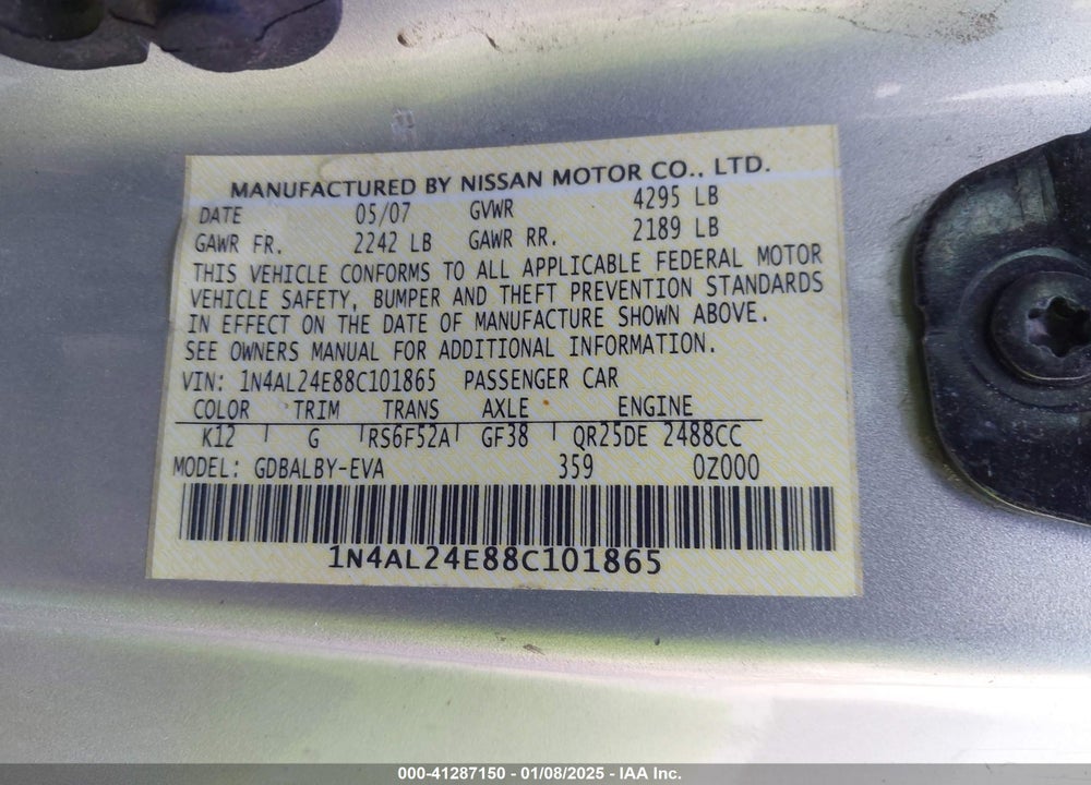 2008 NISSAN ALTIMA 2.5 S VIN: 1N4AL24E88C101865