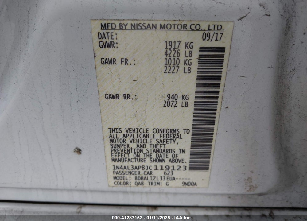 2018 NISSAN ALTIMA 2.5 SV VIN: 1N4AL3AP8JC119123