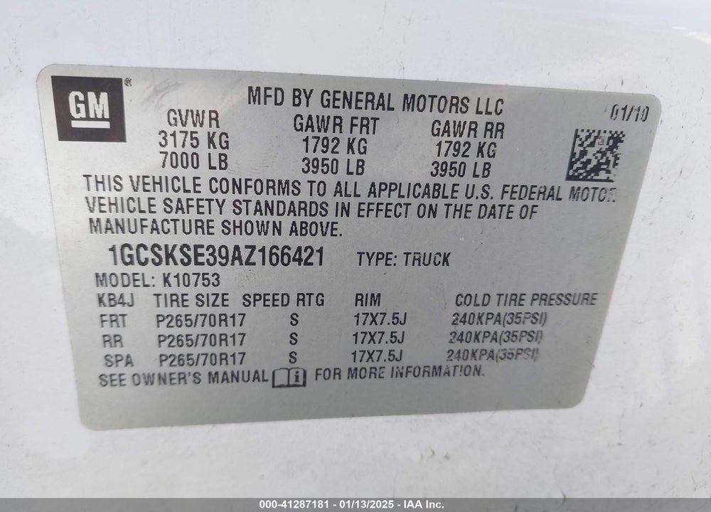 2010 CHEVROLET SILVERADO 1500 LT VIN: 1GCSKSE39AZ166421