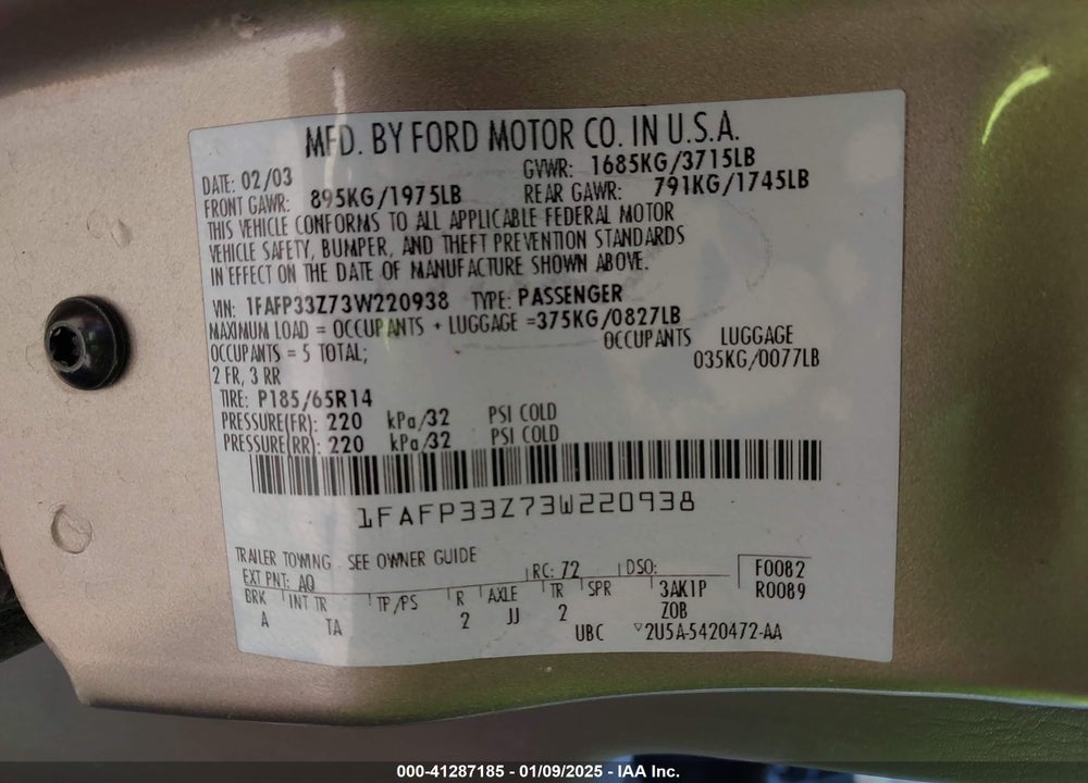 2003 FORD FOCUS LX VIN: 1FAFP33Z73W220938