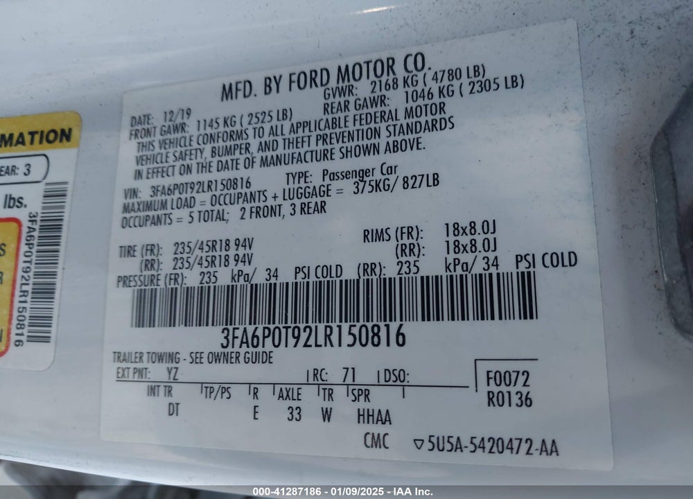 2020 FORD FUSION SE VIN: 3FA6P0T92LR150816