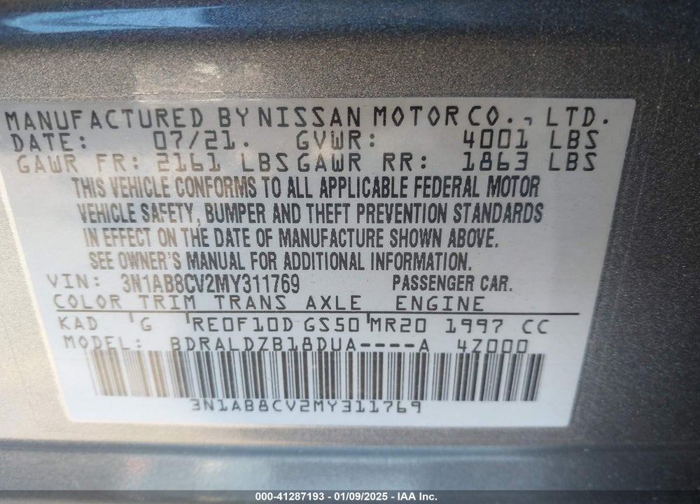 2021 NISSAN SENTRA VIN: 3N1AB8CV2MY311769