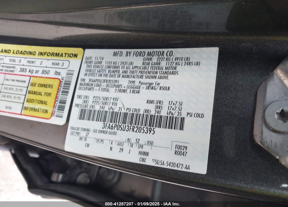 2015 FORD FUSION ENERGI TITANIUM VIN: 3FA6P0SU3FR205395