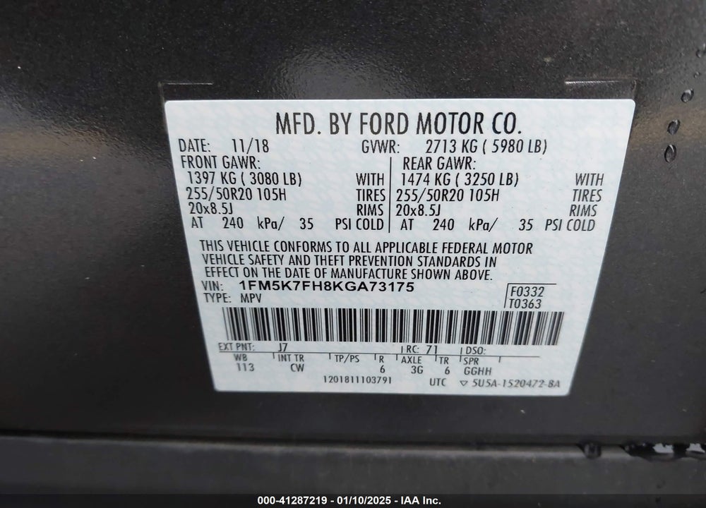2019 FORD EXPLORER LIMITED VIN: 1FM5K7FH8KGA73175