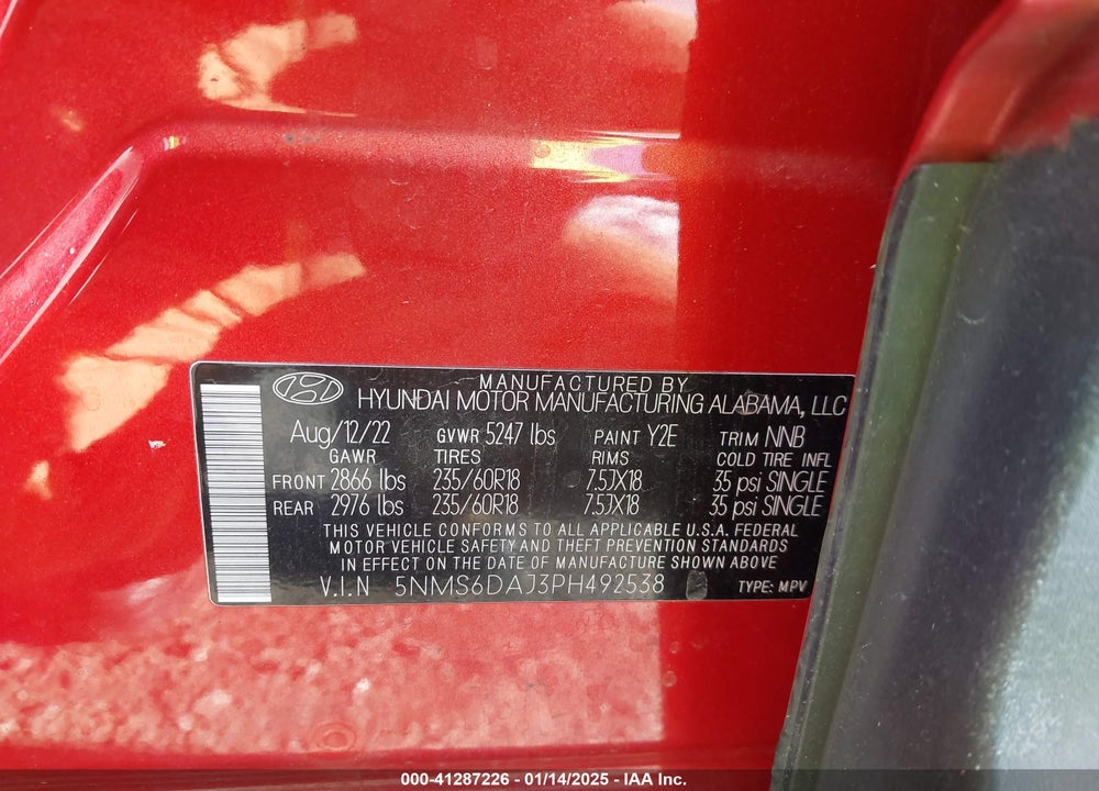 2023 HYUNDAI SANTA FE XRT VIN: 5NMS6DAJ3PH492538