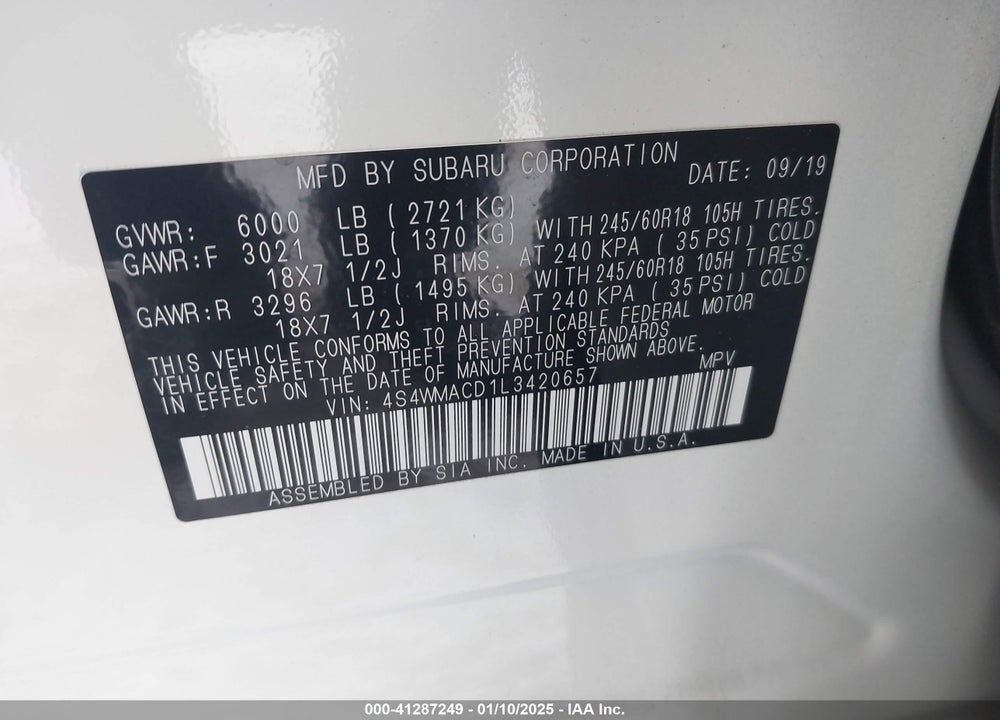 2020 SUBARU ASCENT PREMIUM VIN: 4S4WMACD1L3420657