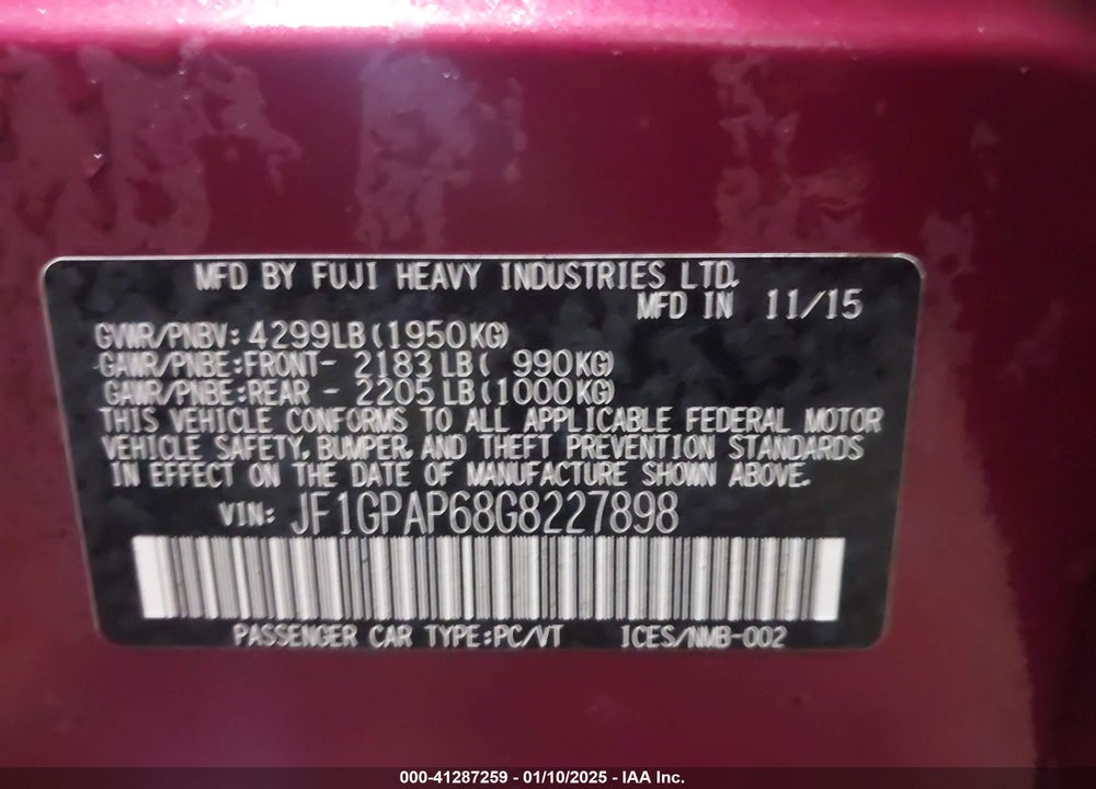 2016 SUBARU IMPREZA 2.0I SPORT PREMIUM VIN: JF1GPAP68G8227898