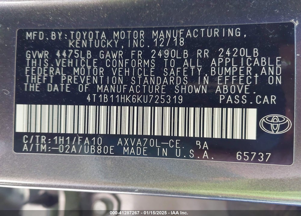 2019 TOYOTA CAMRY VIN: 4T1B11HK6KU725319