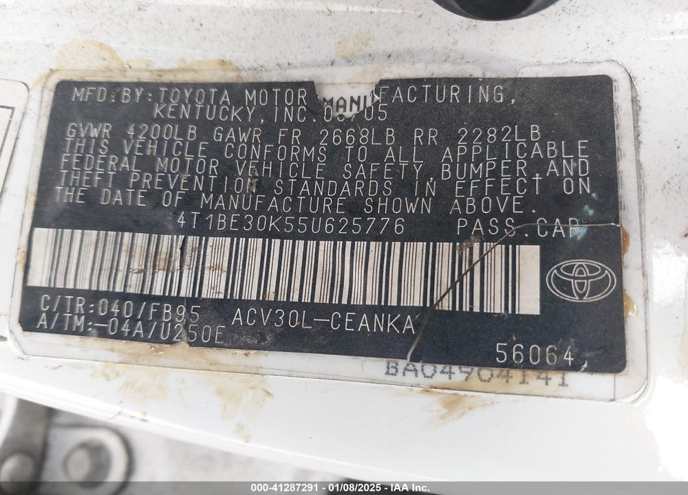 2005 TOYOTA CAMRY LE VIN: 4T1BE30K55U625776