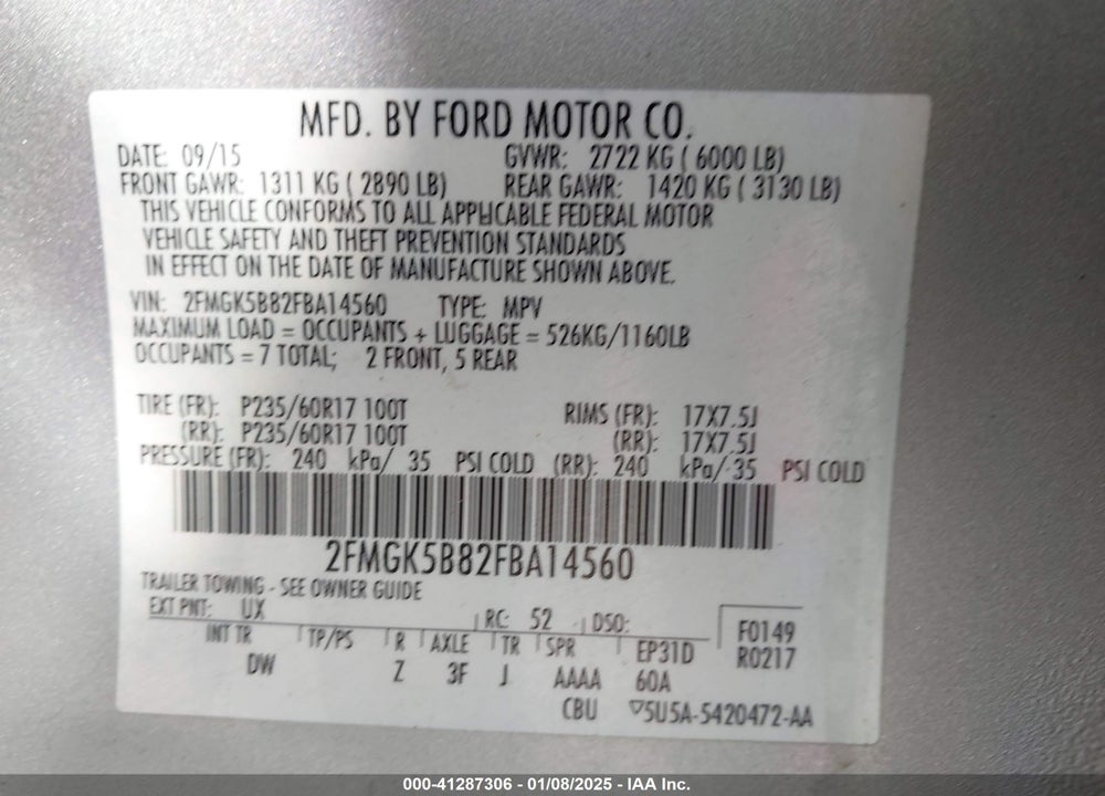 2015 FORD FLEX SE VIN: 2FMGK5B82FBA14560