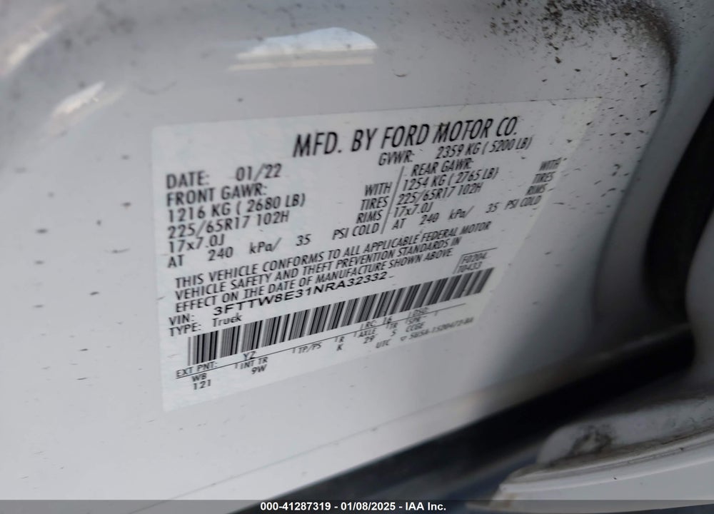 2022 FORD MAVERICK VIN: 3FTTW8E31NRA32332