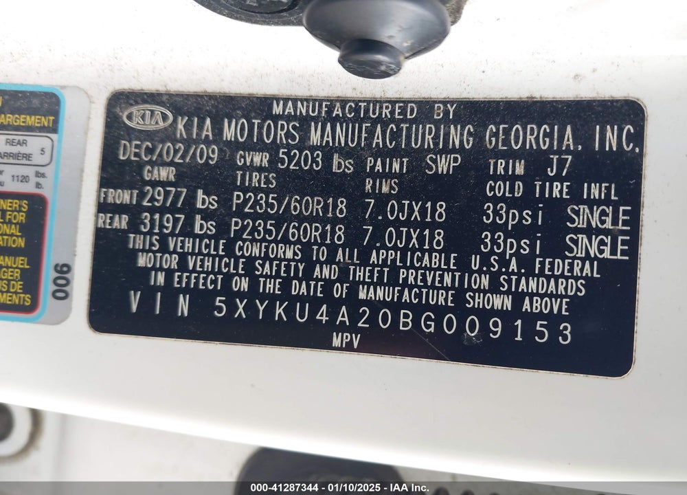 2011 KIA SORENTO EX V6 VIN: 5XYKU4A20BG009153