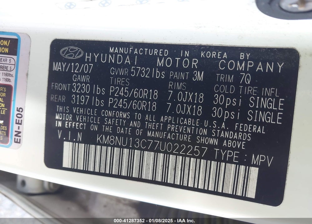 2007 HYUNDAI VERACRUZ GLS/LIMITED/SE VIN: KM8NU13C77U022257