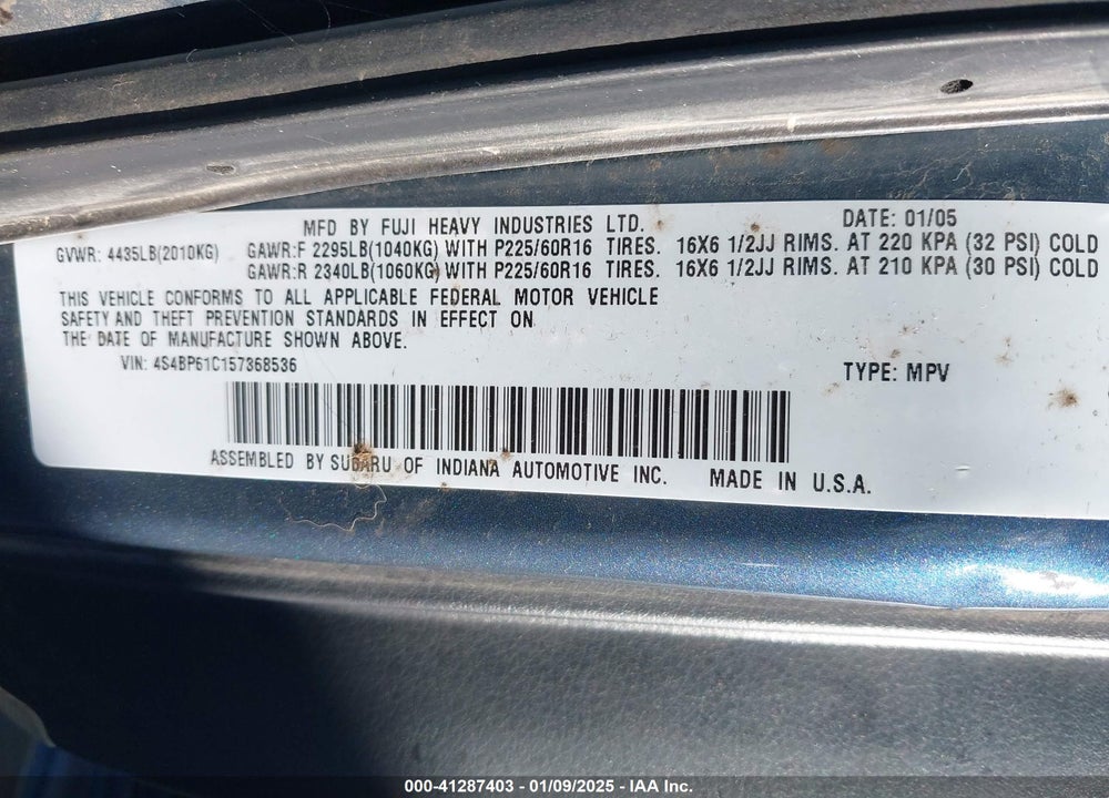 2005 SUBARU OUTBACK 2.5I VIN: 4S4BP61C157368536
