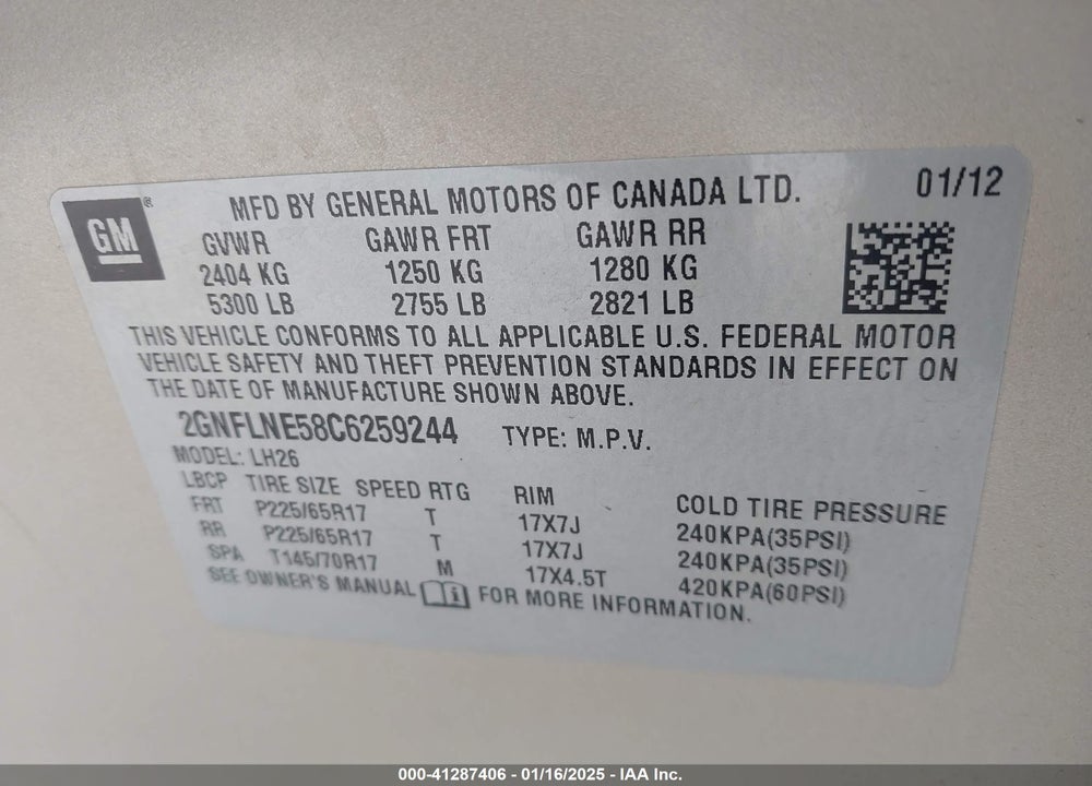 2012 CHEVROLET EQUINOX 2LT VIN: 2GNFLNE58C6259244