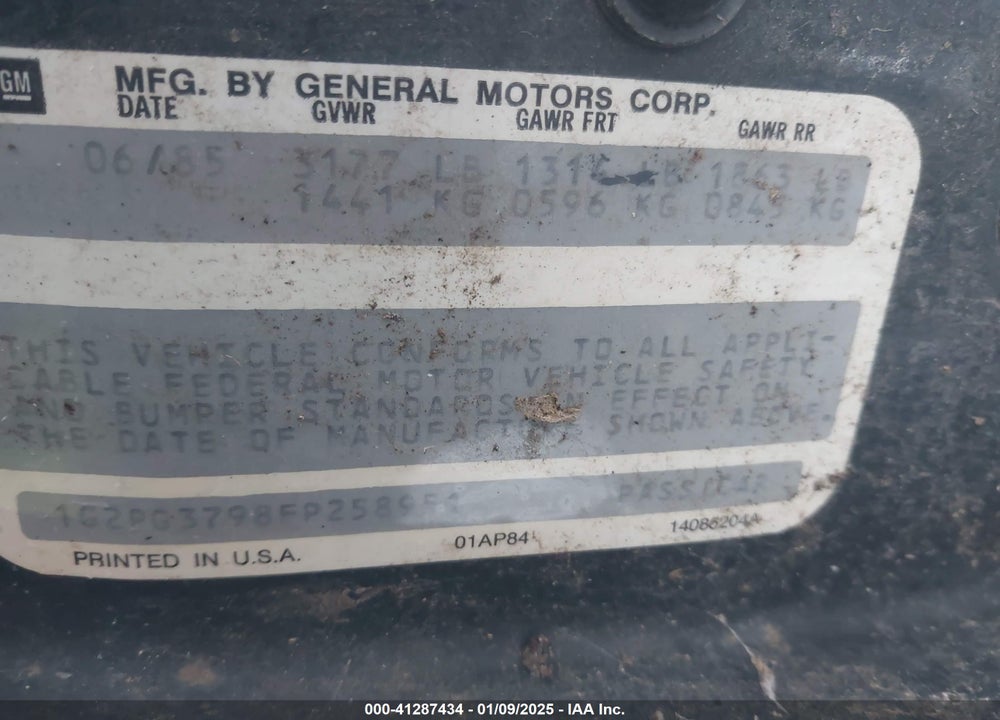 1985 PONTIAC FIERO GT VIN: 1G2PG3798FP258951
